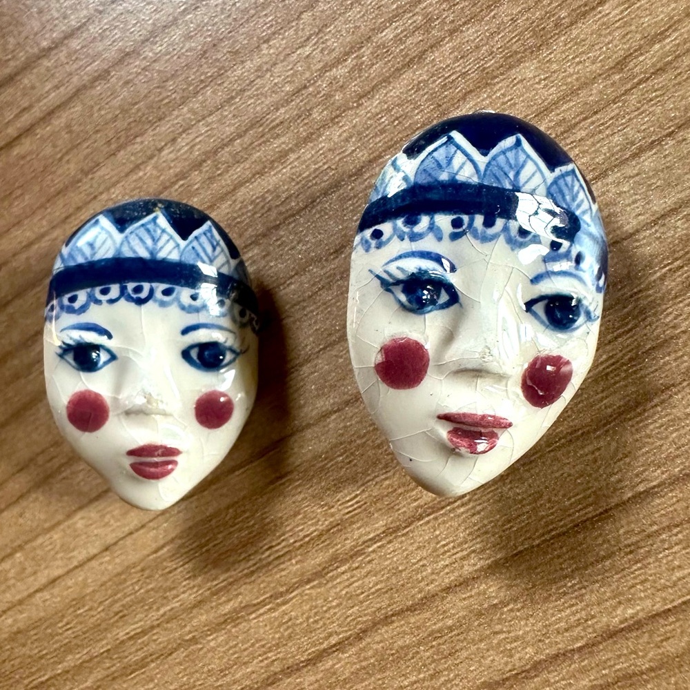 Vintage Ceramic Face Clip-On Earrings | Hand-Painted Whimsical Folk Art Jewelry - Picture 7 of 11
